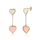 14K Yellow Gold Double Drop Heart Earrings with Mother of Pearl