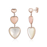 14K Rose Gold Earring Double Heart Drop Dangle Heart Shape Cabochon Pink Opal and Mother of Pearl Italy