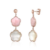 14K Rose Gold Earring Double Flower Drop Dangle Flower Shape Cabochon Pink Opal and Mother of Pearl Italy