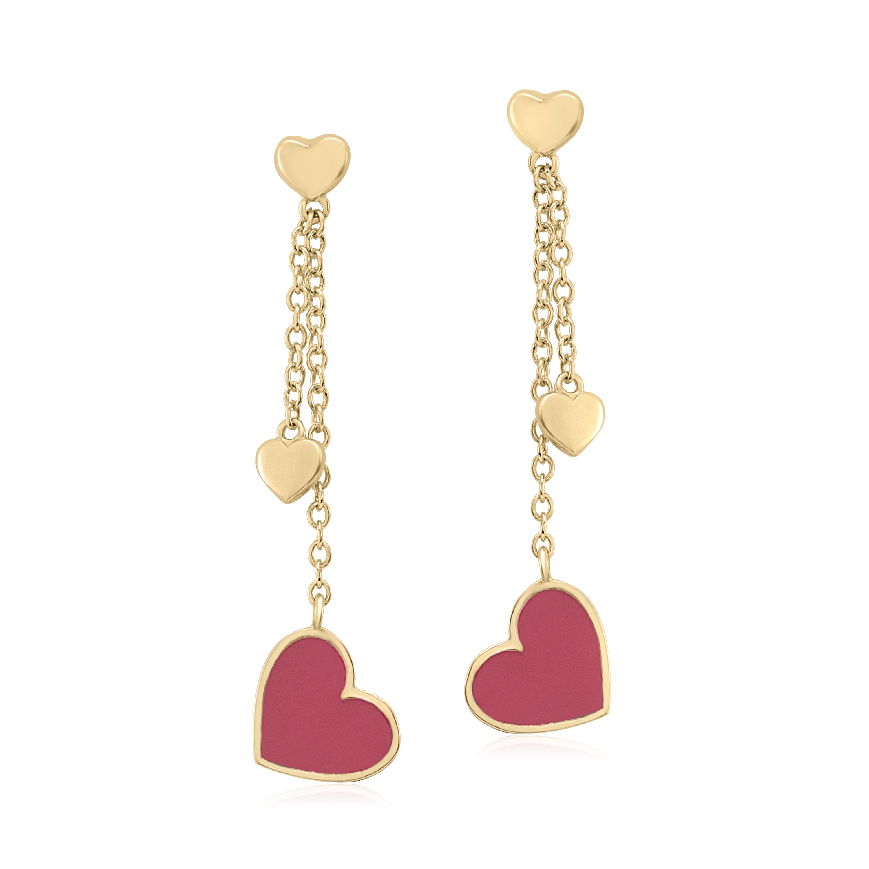 UNICORNJ 14K Yellow Gold Long Double Dangle Drop Heart Earrings with Pink or Red Enamel Italy