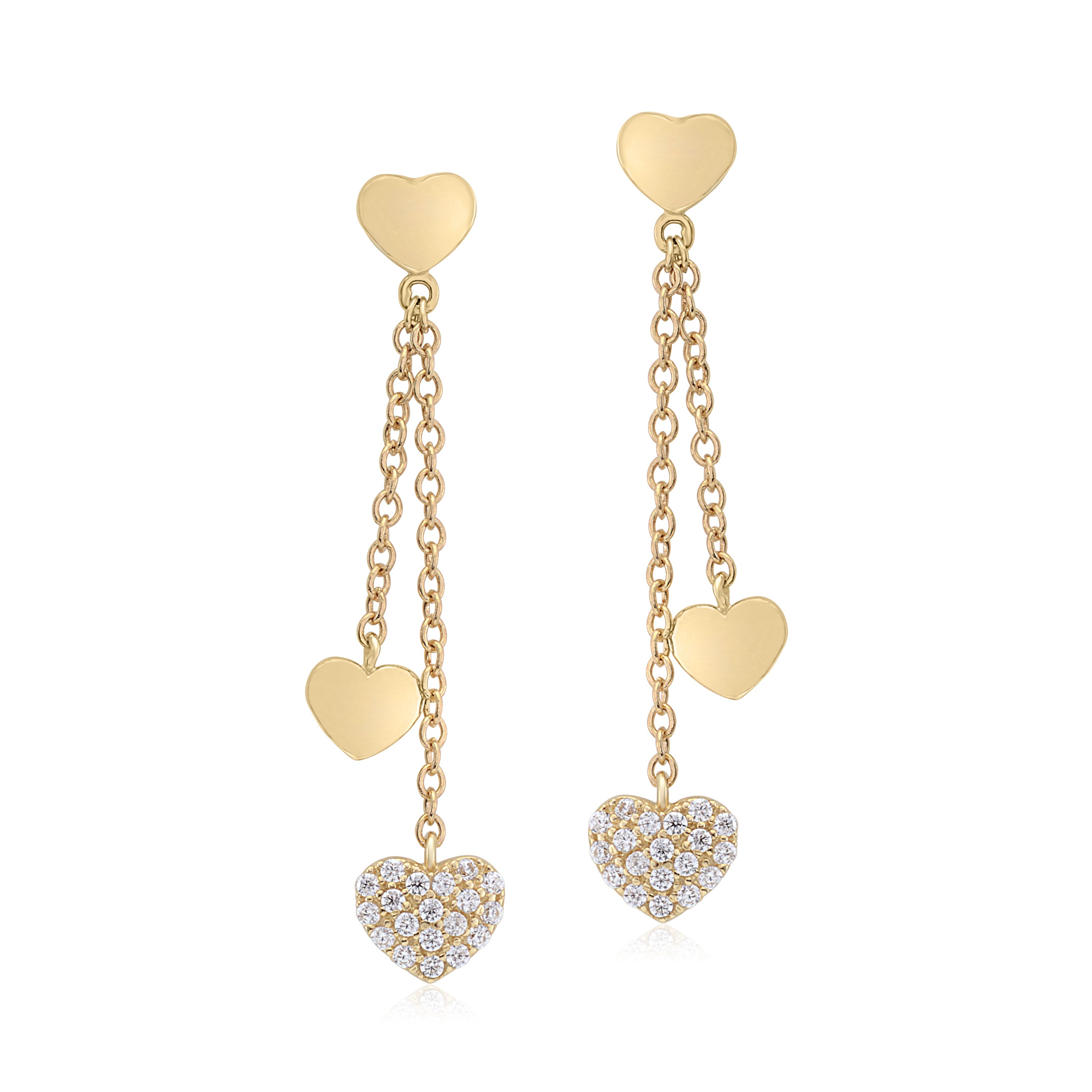 UNICORNJ 14K Yellow Gold Polished and Pave CZ Long Double Dangle Drop Heart Earrings Italy