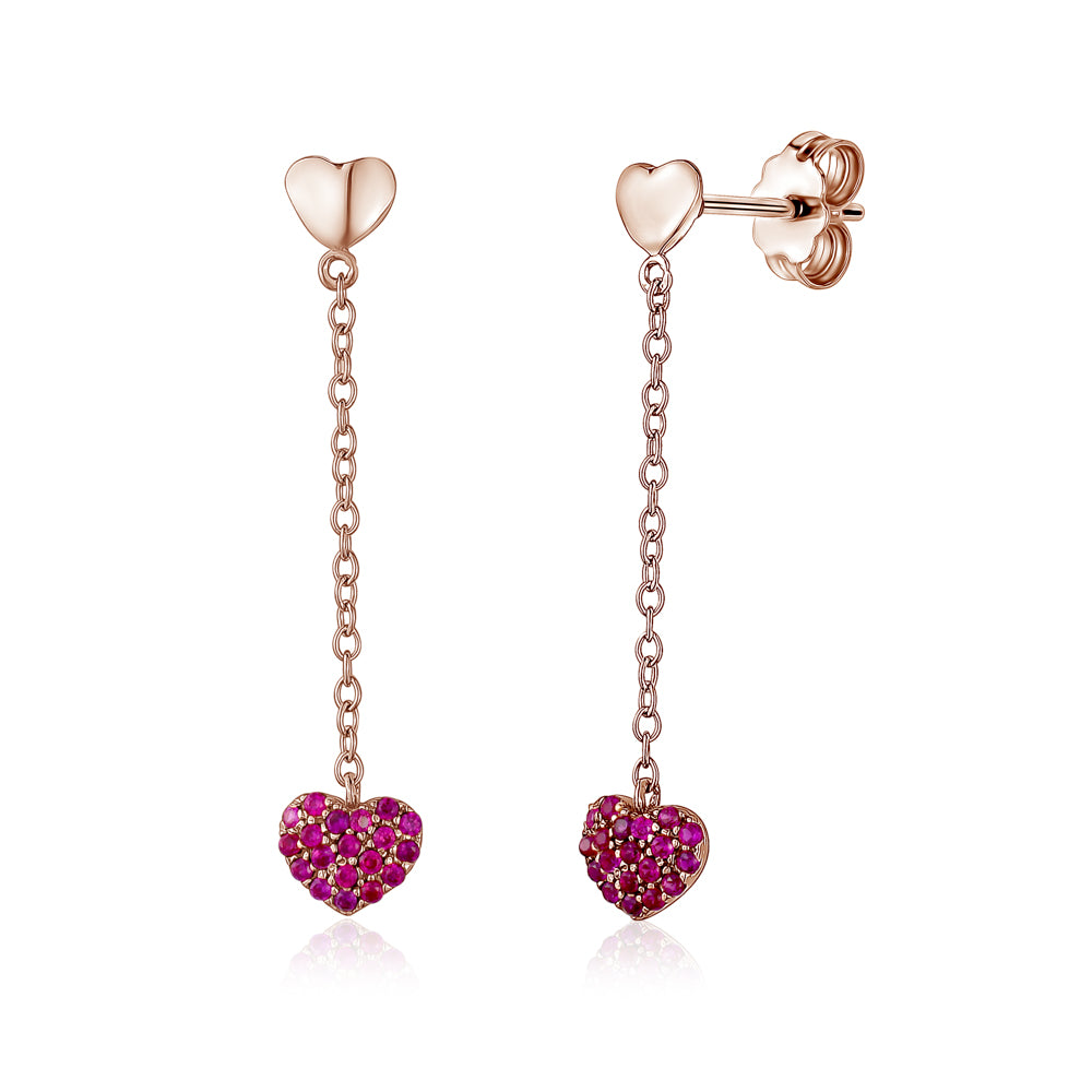14K Yellow Gold Double Heart Earring Drop Dangle Simulated Ruby Red for Girls and Women Italy