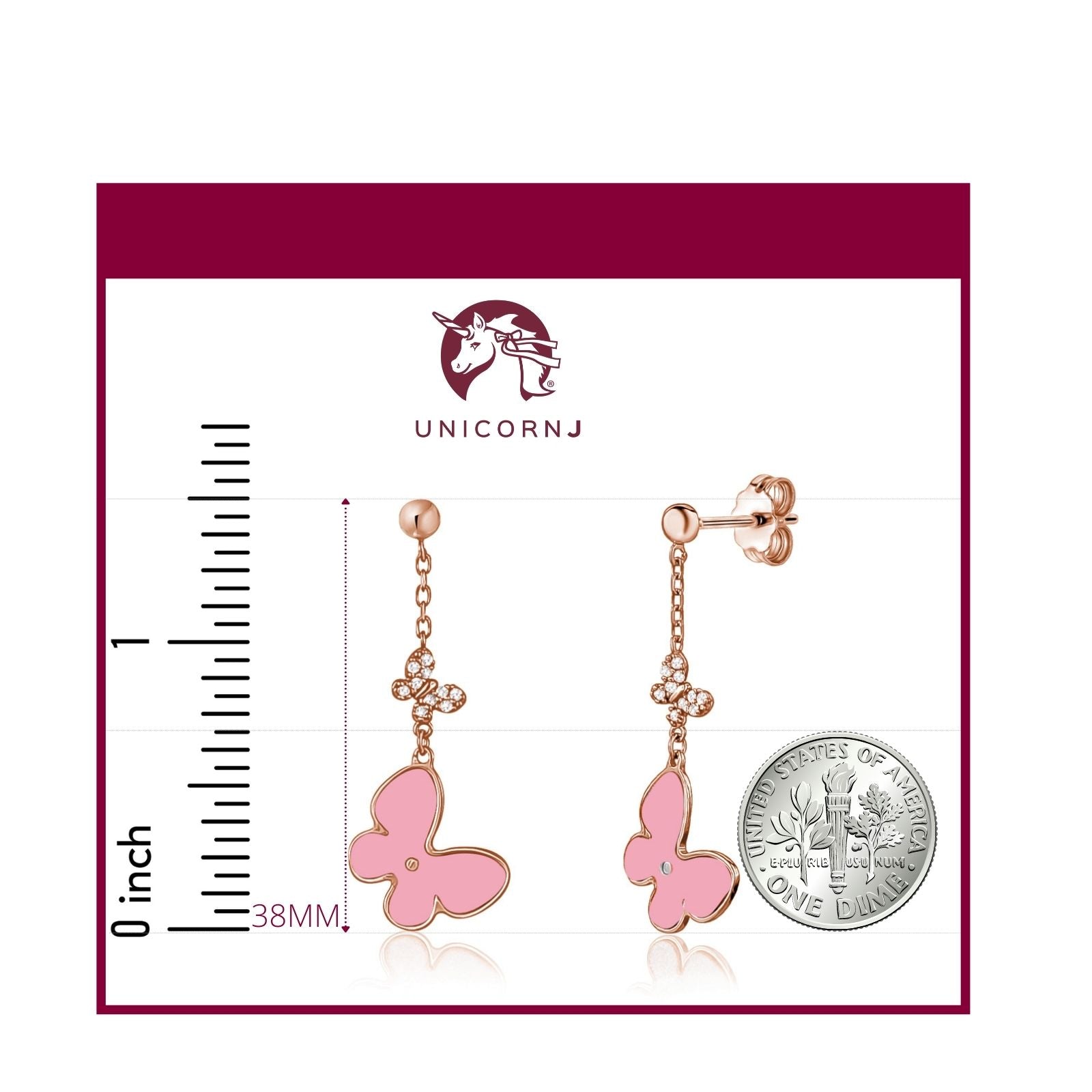 14K Rose Gold Butterfly Dangle Post Earrings with Pink Mother of Pearl and Simulated Diamonds Italy