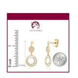 14K Yellow Gold Round Circle Disc Post Dangle Earrings with Mother of Pearl and Simulated Diamonds Italy