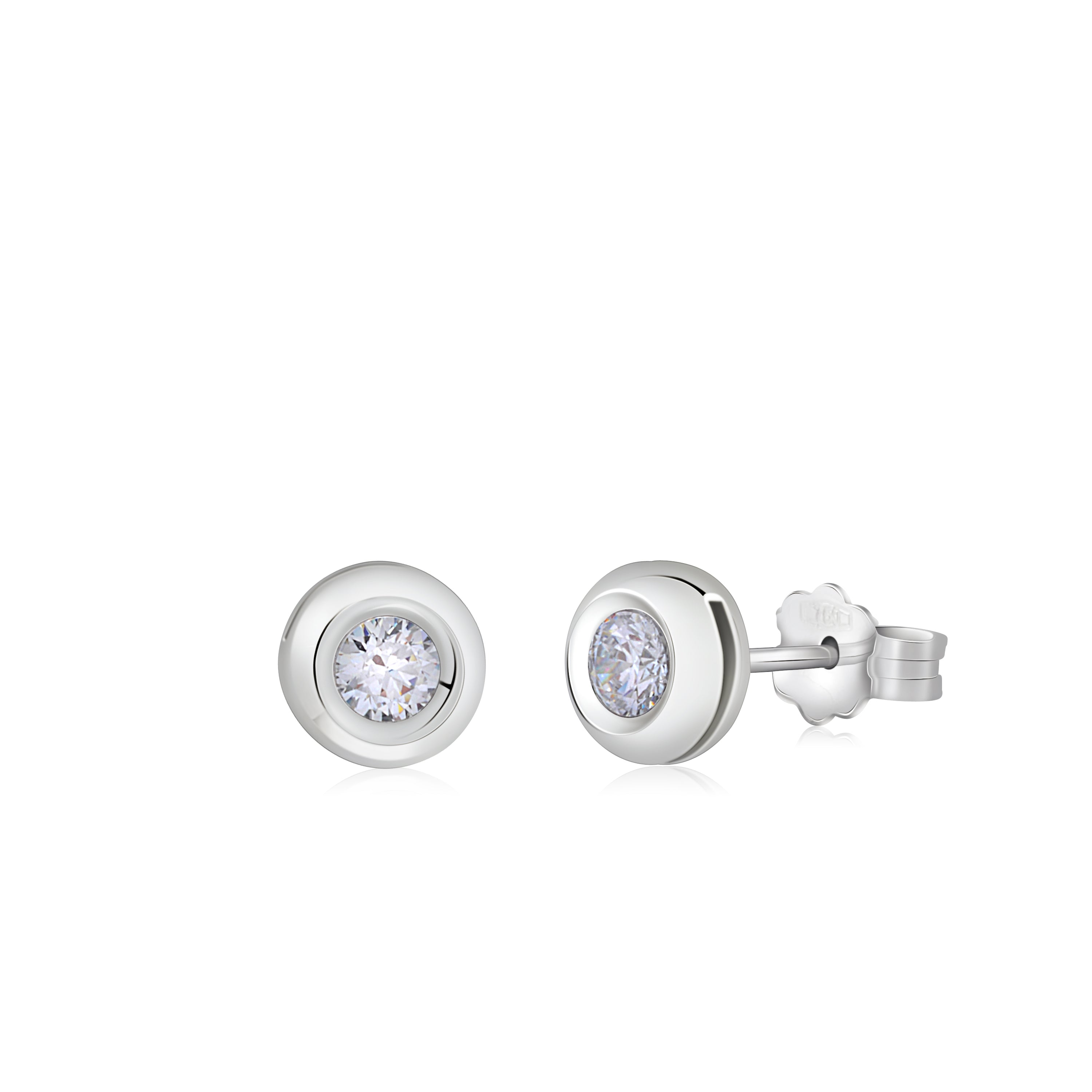 UNICORNJ 14K White Gold Bevel Set CZ Simulated Diamond Post Stud Earrings 6.5mm Italy