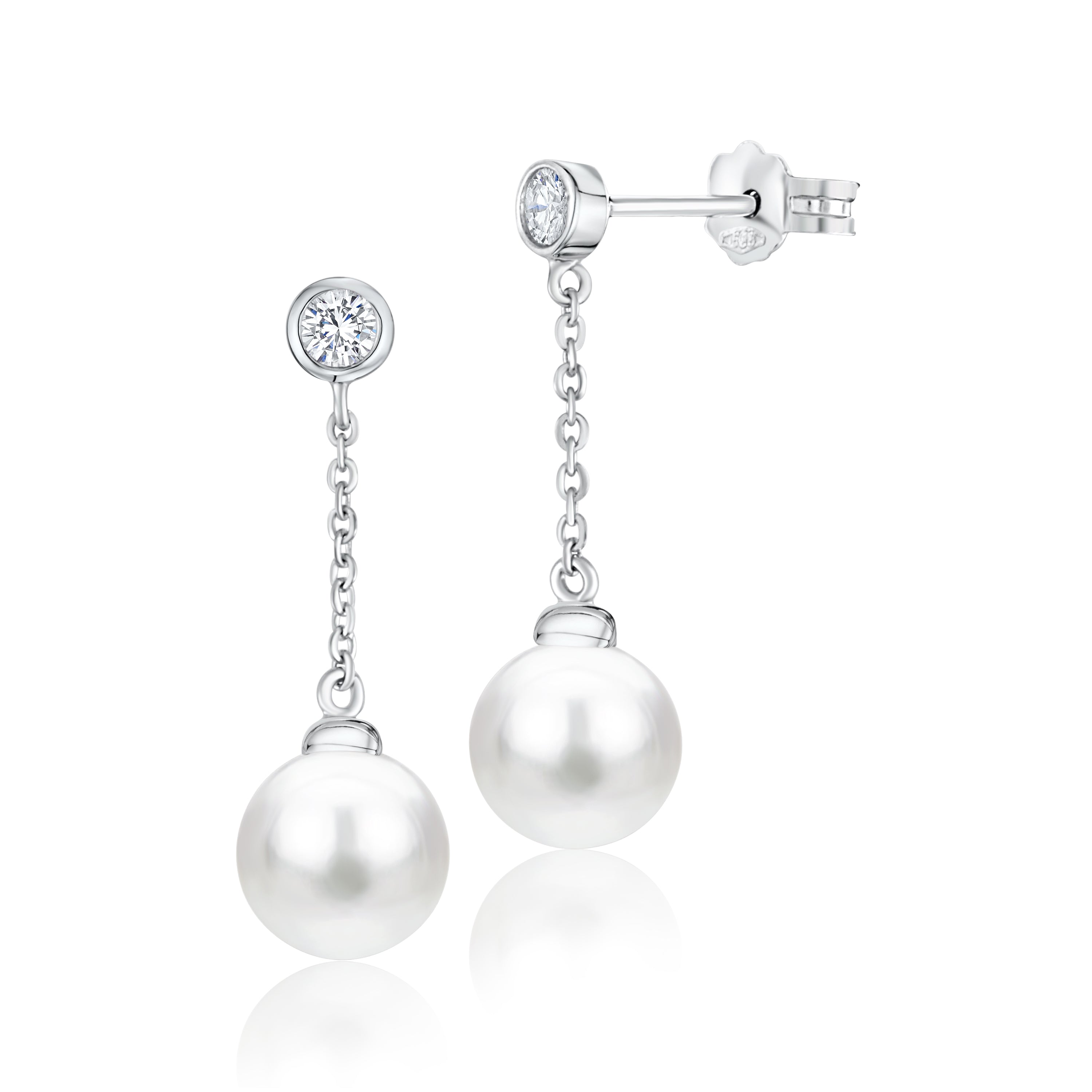 UNICORNJ 14K White Gold Freshwater Cultured Pearl Drop Dangle Earrings with Bezel Set Simulated Diamond CZ 7.5mm Italy