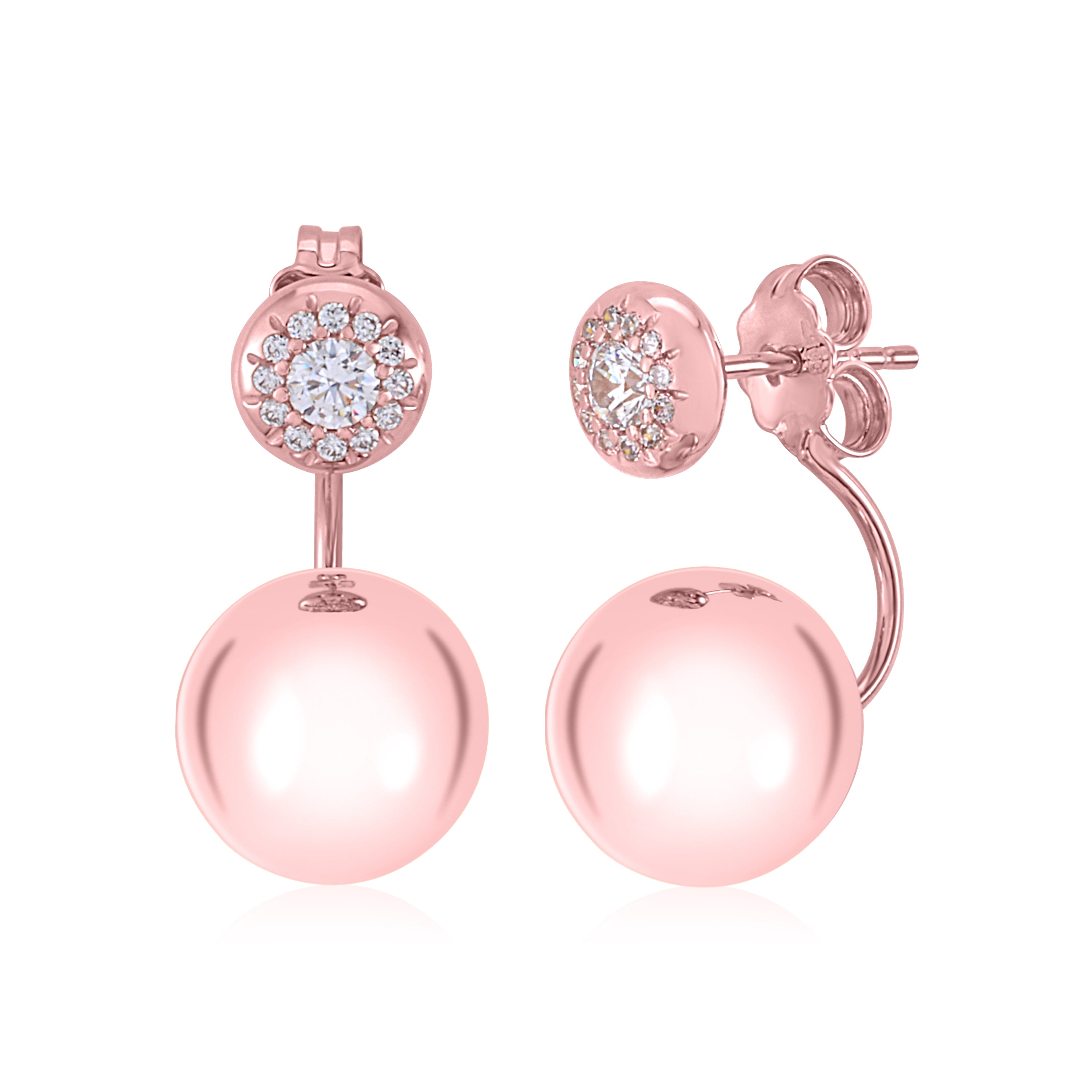 14K White or Rose Gold Front Back Ear Jacket Post Earrings Interchangable Simulated Diamonds and Ball 10MM