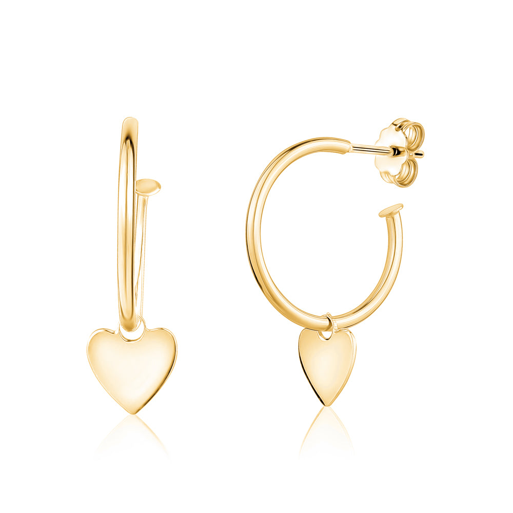 14K Yellow Gold Hoop Style Post Earrings with Heart Charm Dangle Polished Shiny Italy