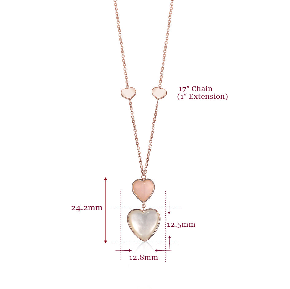 14K Rose Gold Pendant Necklace Double Heart Drop Heart Shape Cabochon Pink Opal and Mother of Pearl Italy 17"