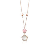 14K Rose Gold Pendant Necklace Double Flower Drop Flower Shape Cabochon Pink Opal and Mother of Pearl Italy 17"