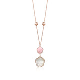 14K Rose Gold Pendant Necklace Double Flower Drop Flower Shape Cabochon Pink Opal and Mother of Pearl Italy 17"