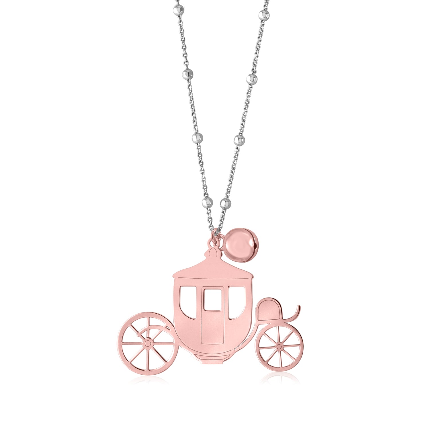 Sterling Silver High Polished Large Fantasy Carriage Coach Rose Gold Pendant Necklace Long Cable Chain 30"