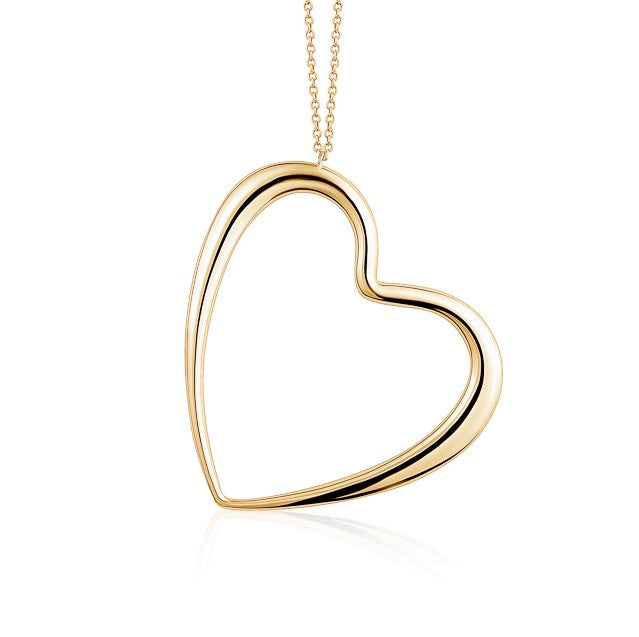 14K Yellow Gold Very Large Polished Shiny Modern Asymmetrical Heart on Long Strong  Rolo Chain 32"