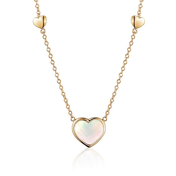 14K Yellow Gold Heart Pendant necklace Mother of Pearl or Pink for Girls and Women Italy 16"