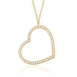 14K Yellow Gold Heart Pendant Necklace Sideways Outline with Simulated Diamonds Italy 16.5