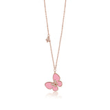 14K Rose Gold Butterfly Necklace Pendant with Pink Mother of Pearl and Simulated Diamonds Italy 17.5"