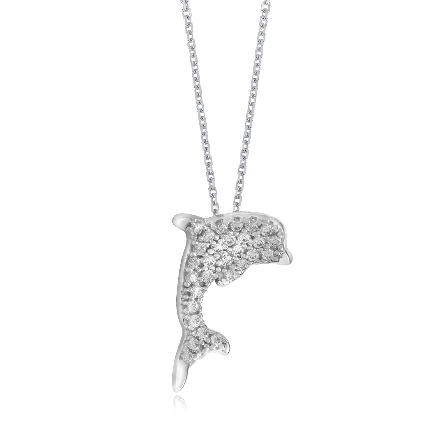 Dolphin Pavé Pendant Necklace in 14k White Gold with CZ Pavé