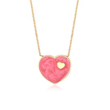 14K Yellow Gold Dark Marbled Enamel Heart on Heart Pendant Necklace 16 Inches