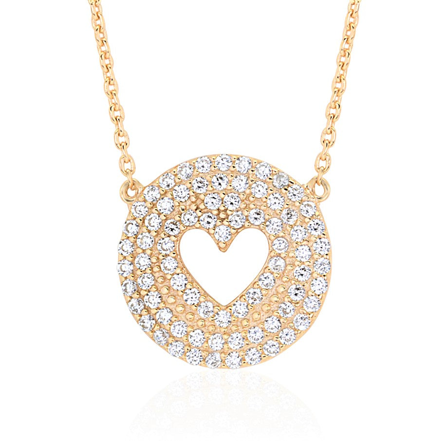 UNICORNJ Sterling Silver 925 Pave CZ Disc Pendant Necklace with Heart Cut-out Yellow Gold Plated 17" Italy
