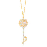 Key Necklace Pendant Sterling Silver 925 Yellow Gold Plated Large with Simulated Diamonds 17"
