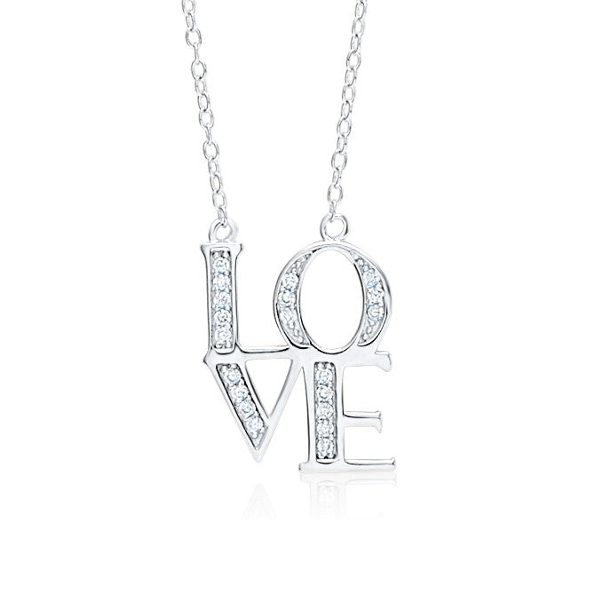 LOVE Necklace Pendant Sterling Silver 925 Yellow Gold Plated with Simulated Diamonds 18"