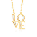 LOVE Necklace Pendant Sterling Silver 925 Yellow Gold Plated with Simulated Diamonds 18"