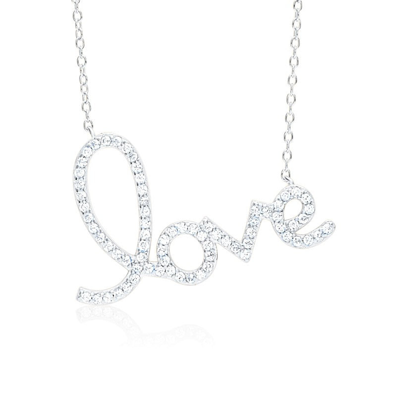 Script Love Necklace Pendant Sterling Silver 925 Yellow Gold Plated with Simulated Diamonds 17"