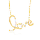 Script Love Necklace Pendant Sterling Silver 925 Yellow Gold Plated with Simulated Diamonds 17"