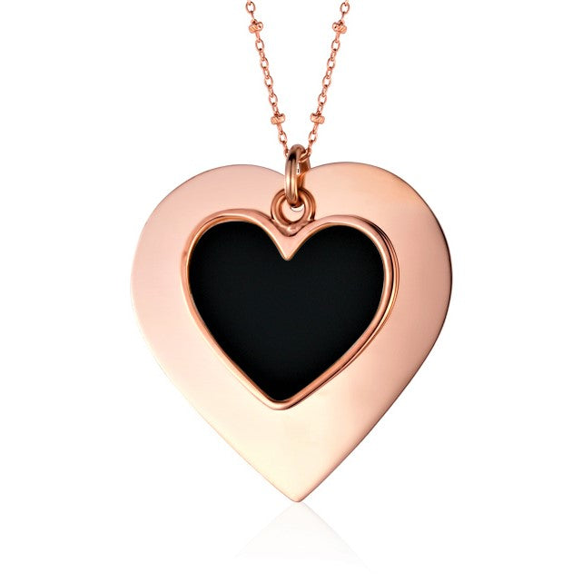 Sterling Silver Large Layered Double Heart Pendant Necklace Rose Gold Plated 28"