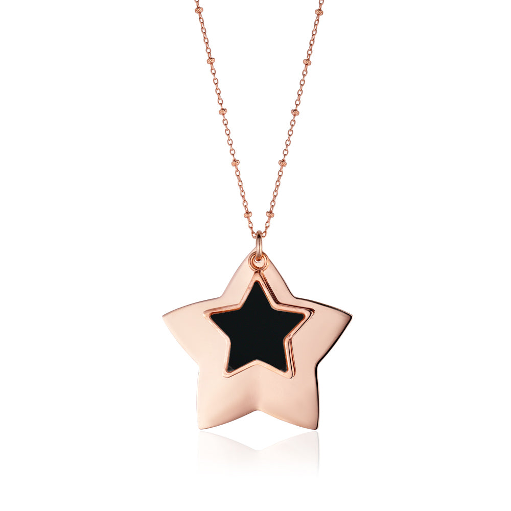 Sterling Silver Large Layered Double Star Pendant Necklace Rose Gold Plated 28"