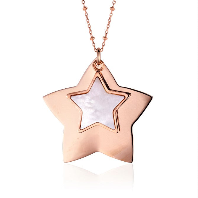 Sterling Silver Large Layered Double Star Pendant Necklace Rose Gold Plated 28"