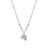 Sterling Silver Unicorn Necklace Pendant with Mother of Pearl Inlay and Diamond Crystals 17"