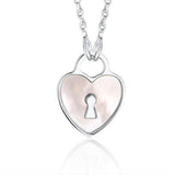 Sterling Silver Heart Lock Keyhole Pendant Necklace with Mother of Pearl Inlay 17"