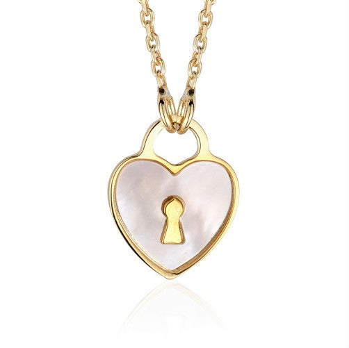 Sterling Silver Heart Lock Keyhole Pendant Necklace with Mother of Pearl Inlay 17"