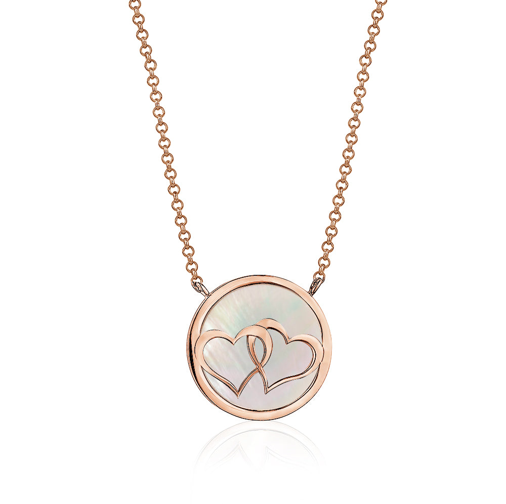 Sterling Silver Necklace Pendant Double Hearts Linked in Circle Rose Gold Plated with Mother of Pearl 17"
