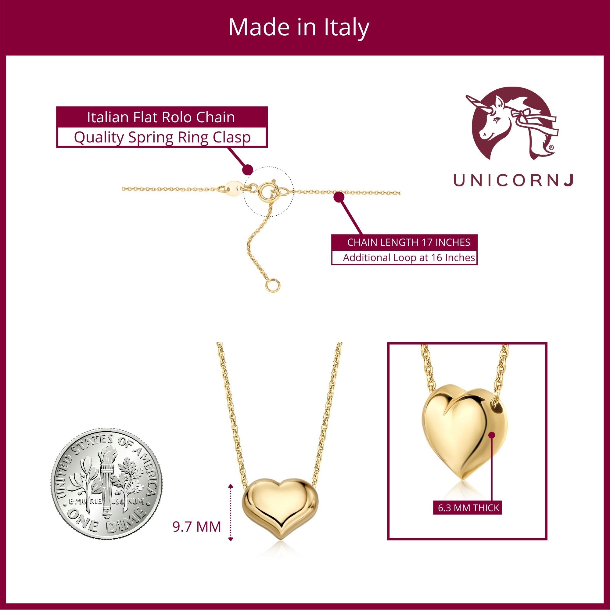 Floating Puff Heart Pendant Necklace 14K Yellow Gold on Box Chain Italy UNICORNJ 16"