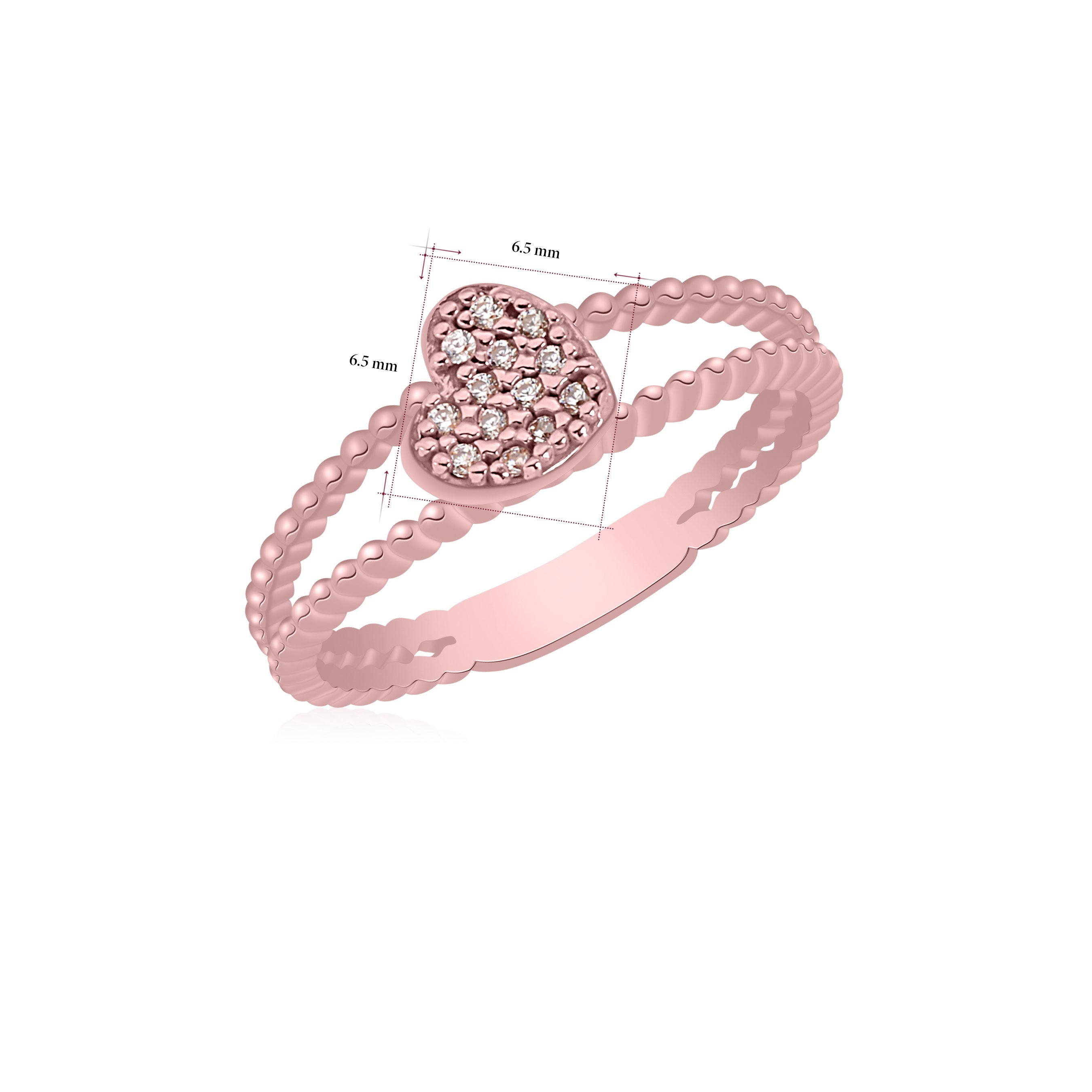 UNICORNJ 14K Rose Gold Double Band Beaded Ring with Pave CZ Heart Accent Italy