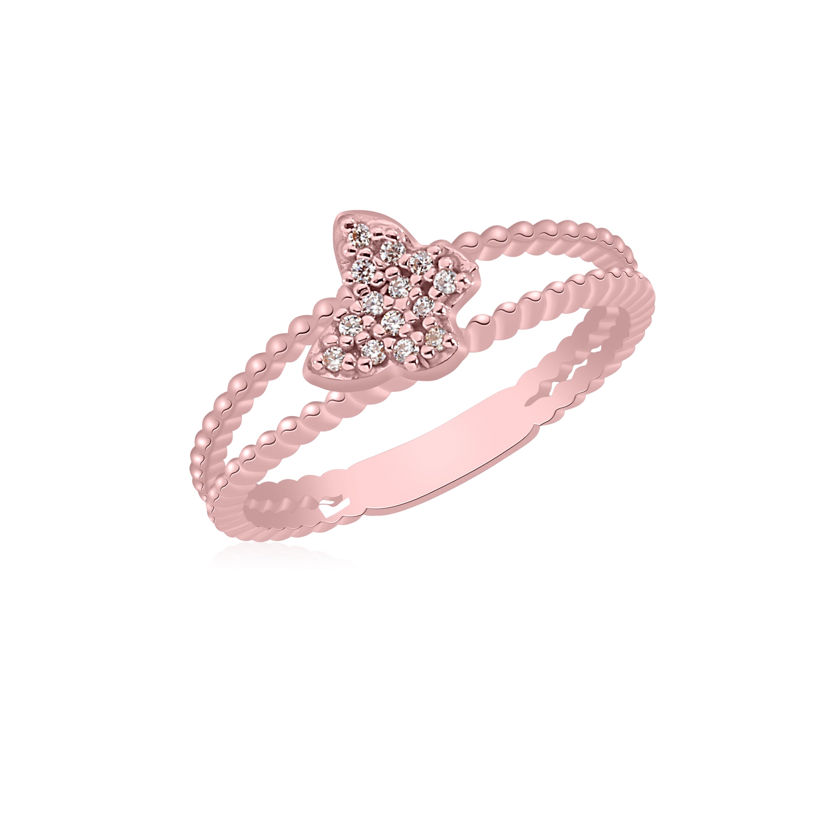 UNICORNJ 14K Rose Gold Double Band Beaded Ring with Pave CZ Butterfly Accent Italy