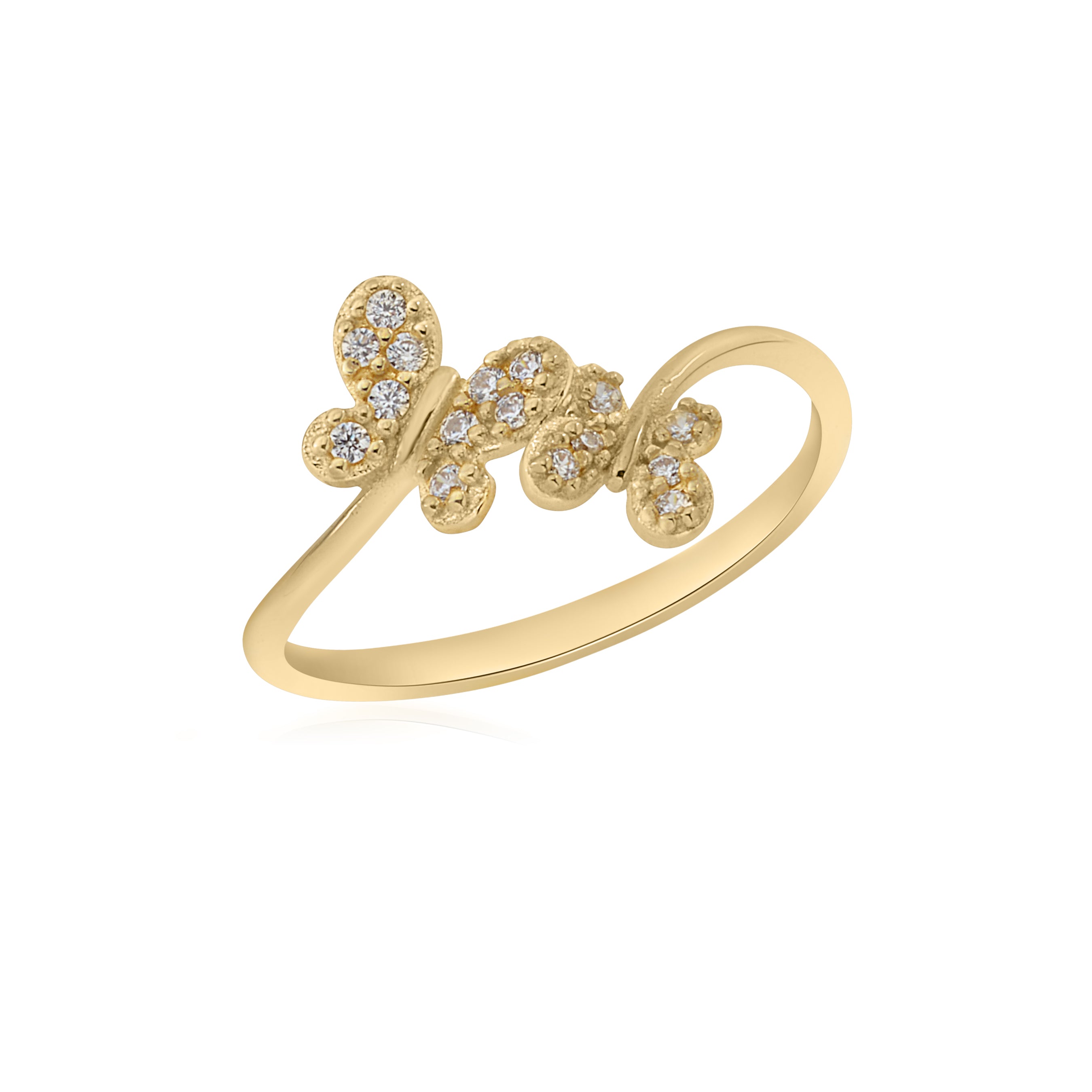 UNICORNJ 14K Yellow Gold Double Butterfly Pave CZ Bypass Ring Italy