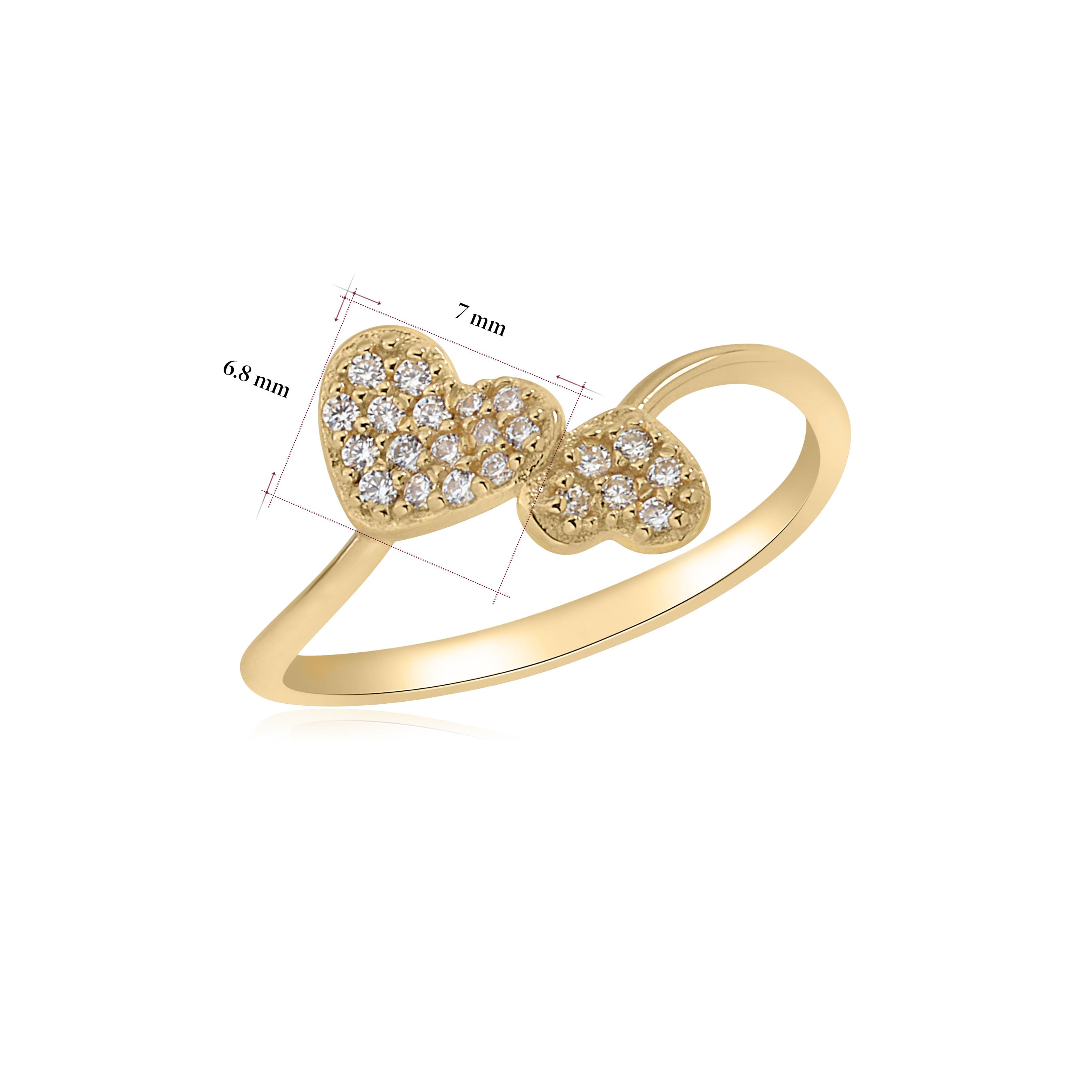 UNICORNJ 14K Yellow Gold Double Heart Pave CZ Bypass Ring Italy
