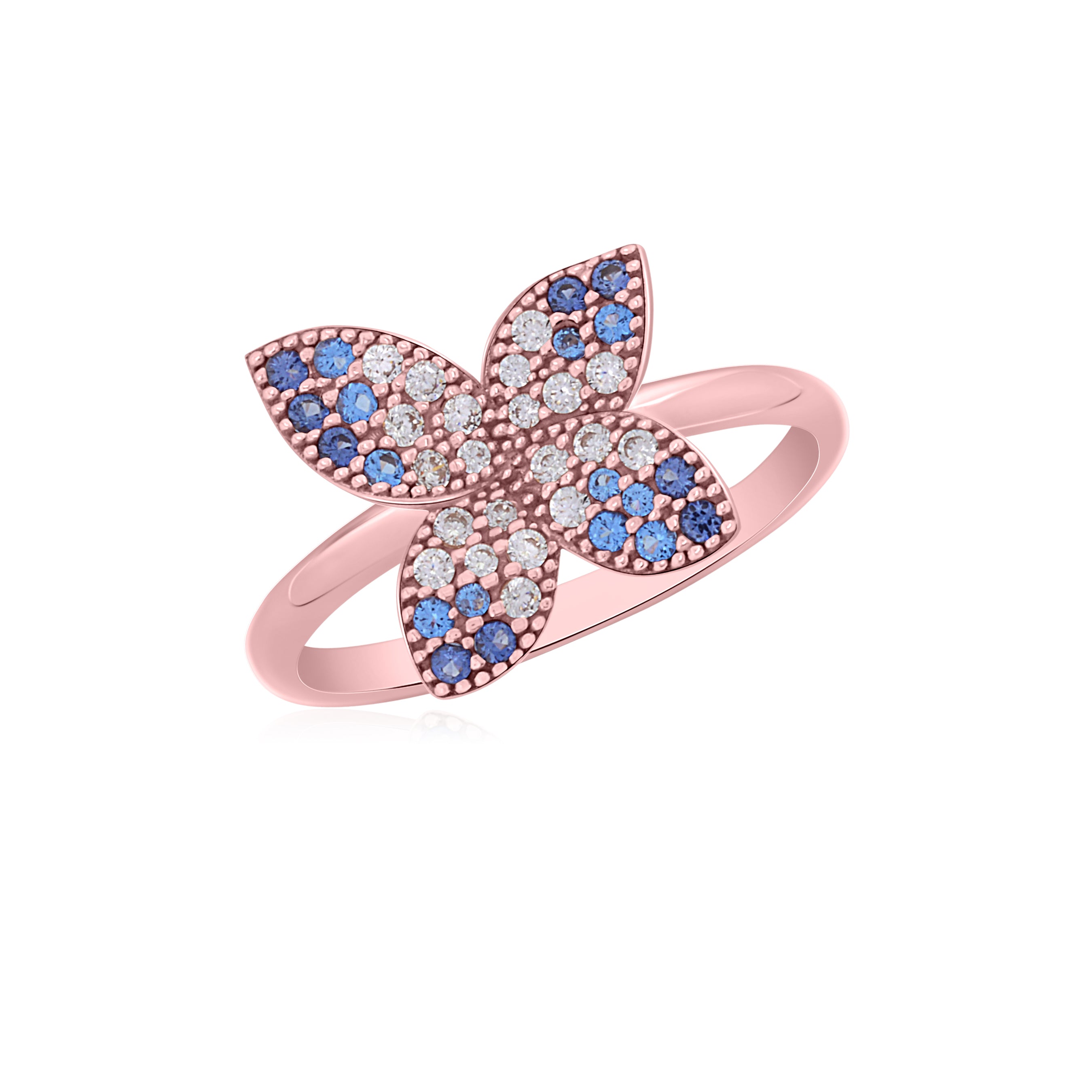 UNICORNJ 14K Rose Gold Four Petal Flower Ring Red or BluePave CZ Italy