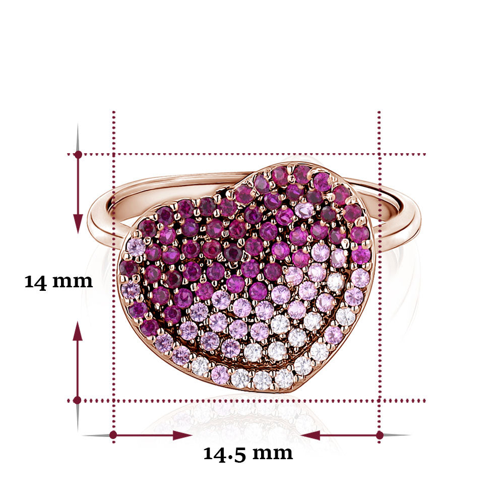 14K Rose Gold Large Heart Ring Red Pink or Blue Pave Simulated Sapphire for Girls and Women Italy