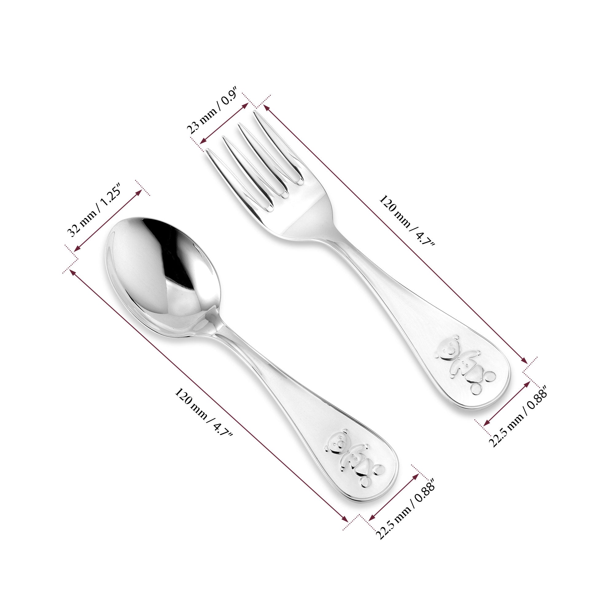 Sterling Silver 925 Baby Spoon and Fork Set Wide Keepsake Teddy Bear Design